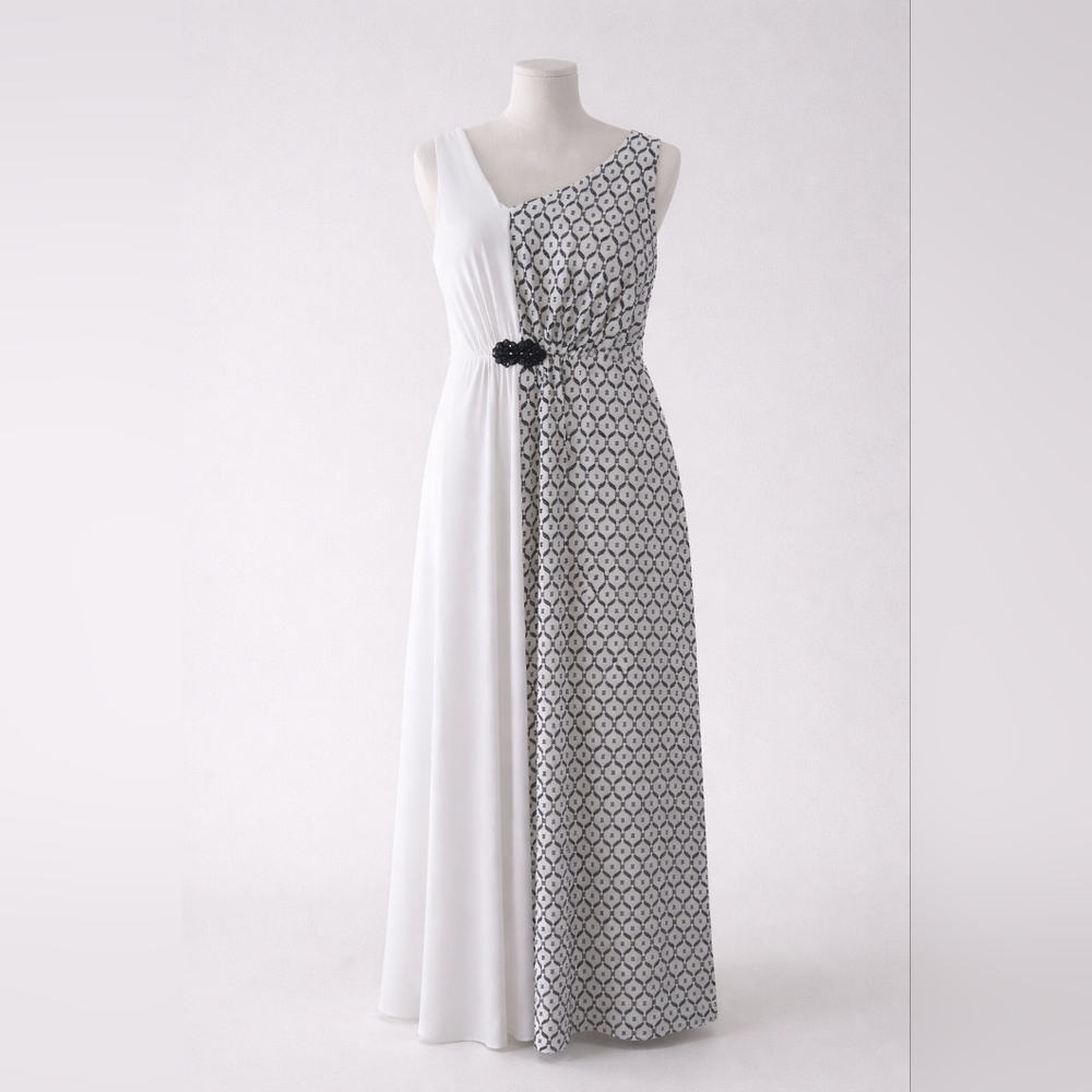 Nine West Asymmetrical Maxi Dress | Black & White Geometric Elegant Chic SizeM - Picture 1 of 5